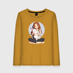 Лонгслив хлопковый женский Аниме девушка и кролик, цвет: горчичный