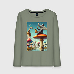 Лонгслив хлопковый женский Слон играет на саксофоне жирафу, цвет: авокадо