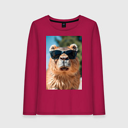 Лонгслив хлопковый женский Модная капибара в очках, цвет: маджента