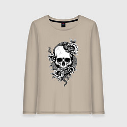 Лонгслив хлопковый женский Змея на черепе с цветами, цвет: миндальный