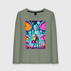 Лонгслив хлопковый женский Морти сидит на грибе рядом с Риком, цвет: авокадо