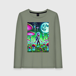 Лонгслив хлопковый женский Морти потерял Рика на мухоморной планете, цвет: авокадо