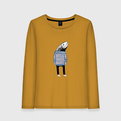 Лонгслив хлопковый женский Рыба в свитере - нейросеть, цвет: горчичный