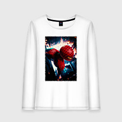 Лонгслив хлопковый женский Человек паук над ночным городом, цвет: белый