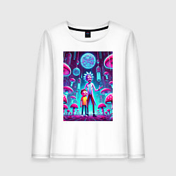 Лонгслив хлопковый женский Rick and Morty among neon mushrooms - ai art fanta, цвет: белый