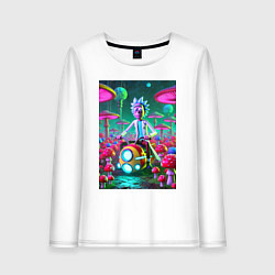 Лонгслив хлопковый женский Рик на космическом мотоцикле - нейроарт, цвет: белый