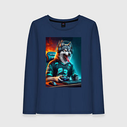 Лонгслив хлопковый женский Волчара кибер спортсмен - нейроарт, цвет: тёмно-синий