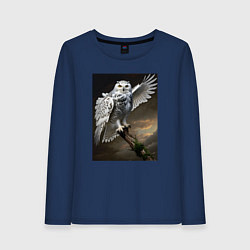 Лонгслив хлопковый женский Белая сова на ветке, цвет: тёмно-синий