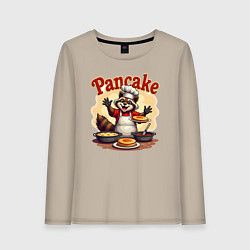 Лонгслив хлопковый женский Енот готовит панкейки, цвет: миндальный