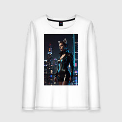 Лонгслив хлопковый женский Девушка с кошачьими ушами стоит на фоне небоскребо, цвет: белый