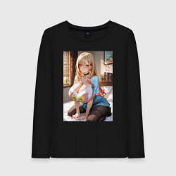 Лонгслив хлопковый женский Марин Китагава позирует на кровати, цвет: черный