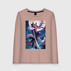 Лонгслив хлопковый женский Лисица с катаной на фоне Луны, цвет: пыльно-розовый