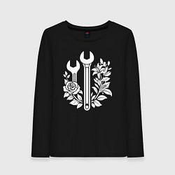 Лонгслив хлопковый женский Рожковые ключи в розах, цвет: черный
