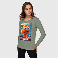 Лонгслив хлопковый женский Рыбка клоун плавает с черепахами, цвет: авокадо — фото 2