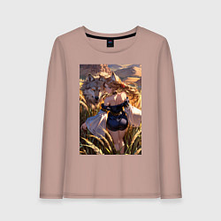 Лонгслив хлопковый женский Девушка-волчица посреди поля пшеницы, цвет: пыльно-розовый