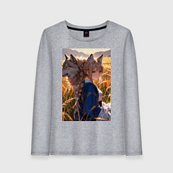 Лонгслив хлопковый женский Девушка-волчица посреди поля пшеницы, цвет: меланж