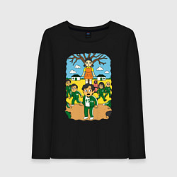 Лонгслив хлопковый женский Игра в кальмара мультяшный стиль, цвет: черный