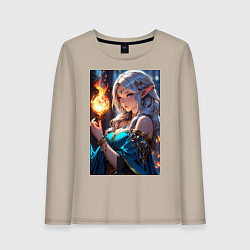 Лонгслив хлопковый женский Прекрасная эльфийка-маг с шаром огня, цвет: миндальный