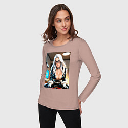 Лонгслив хлопковый женский Черная кошка в своей комнате, цвет: пыльно-розовый — фото 2