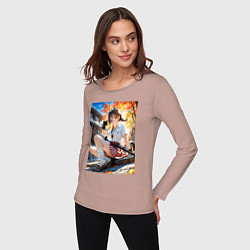 Лонгслив хлопковый женский Кошечка в саду с катаной, цвет: пыльно-розовый — фото 2