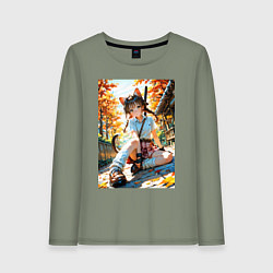 Лонгслив хлопковый женский Отдых кошки в осеннем саду, цвет: авокадо