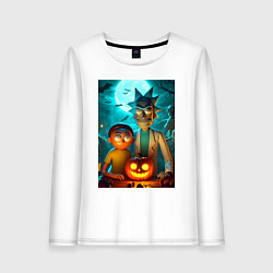 Лонгслив хлопковый женский Rick and Morty with pumpkin - halloween night, цвет: белый