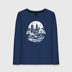 Лонгслив хлопковый женский Лунный японский город, цвет: тёмно-синий