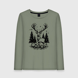 Лонгслив хлопковый женский Олень в новогоднем лесу, цвет: авокадо