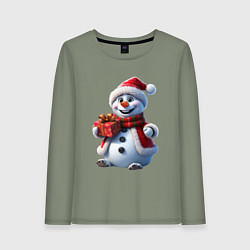 Лонгслив хлопковый женский Новогодний снеговик в красной шапке, цвет: авокадо