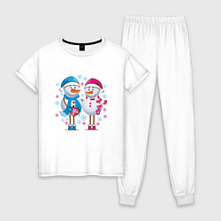 Пижама хлопковая женская Влюбленные снеговики, цвет: белый