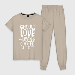 Пижама хлопковая женская Ghouls Love Coffee, цвет: миндальный