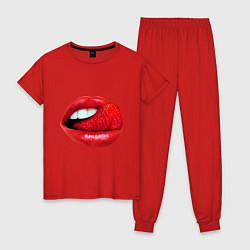 Пижама хлопковая женская Губы с клубникой, цвет: красный