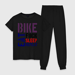 Пижама хлопковая женская Bike eat sleep repeat, цвет: черный