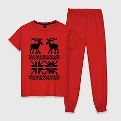 Пижама хлопковая женская Узор с оленями, цвет: красный