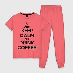 Пижама хлопковая женская Keep Calm & Drink Coffee, цвет: коралловый