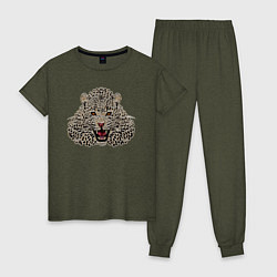 Пижама хлопковая женская Metallized Leopard цвета меланж-хаки — фото 1