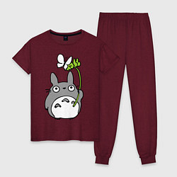 Пижама хлопковая женская Totoro и бабочка, цвет: меланж-бордовый