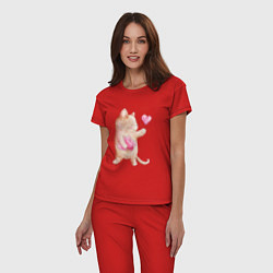 Пижама хлопковая женская Влюбленный котик, цвет: красный — фото 2