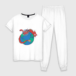 Пижама хлопковая женская Дракон астронавт над планетой, цвет: белый