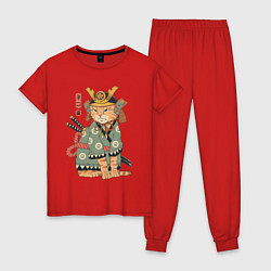 Пижама хлопковая женская Кот Самурай, цвет: красный