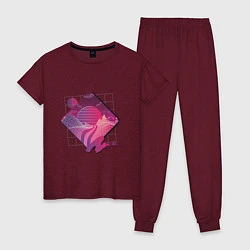 Пижама хлопковая женская Пейзаж в стиле Retrowave, цвет: меланж-бордовый