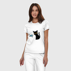 Пижама хлопковая женская Котик и птичка, цвет: белый — фото 2