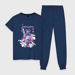 Пижама хлопковая женская Vaporwave Pixel Wizard Flowers, цвет: тёмно-синий