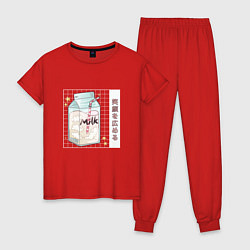 Пижама хлопковая женская Японское кавайное молоко, цвет: красный
