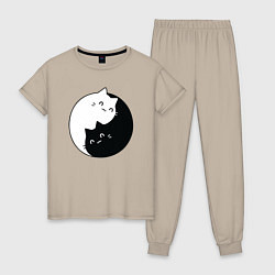 Пижама хлопковая женская Инь Ян Котики, цвет: миндальный