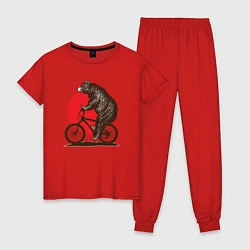 Пижама хлопковая женская Медведь на велосиеде, цвет: красный