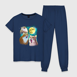 Пижама хлопковая женская Котики воют на Луну, цвет: тёмно-синий