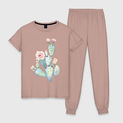 Пижама хлопковая женская Нежный акварельный кактус, цвет: пыльно-розовый