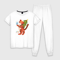 Пижама хлопковая женская Тигр с ёлочкой, цвет: белый