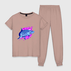 Пижама хлопковая женская Неоновая акула Neon shark, цвет: пыльно-розовый